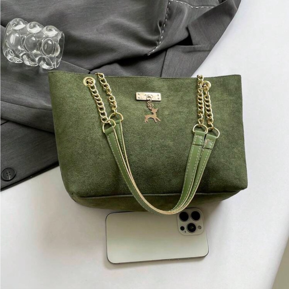 ⚠️Clearance Chain Shoulder Elegant Green Suede Tote Bag with Gold Chain - Picture 8 of 9